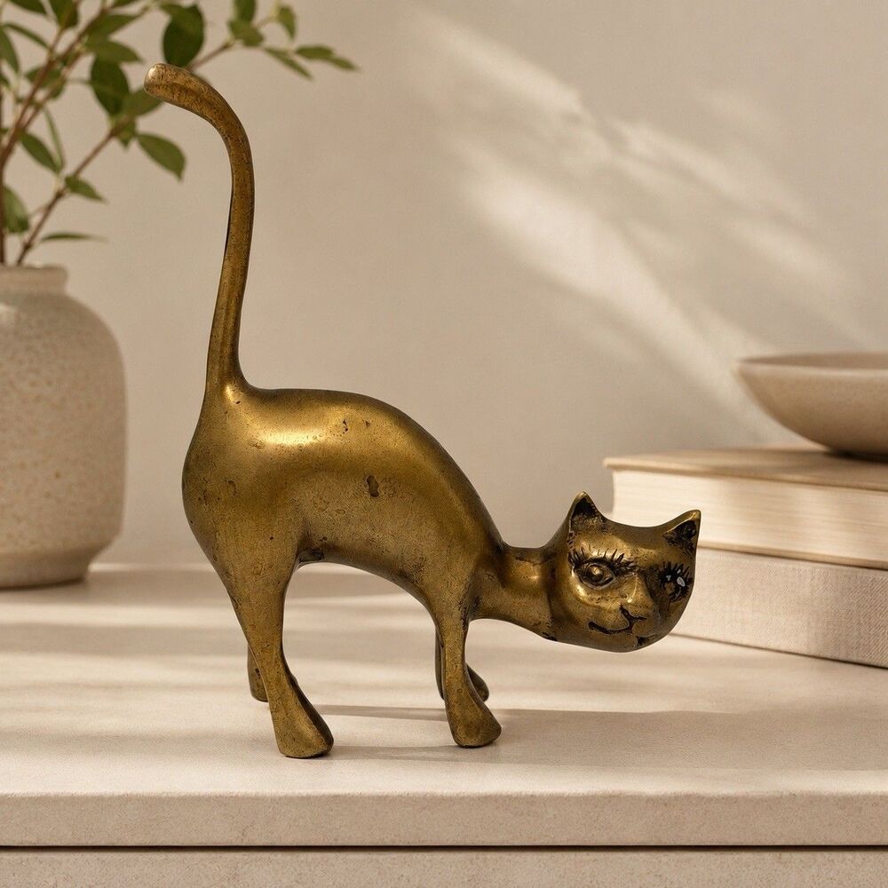 Vintage MCM Brass Cat Long Tail Figurine Ring Holder Paperweight 5.5”